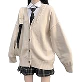 Women's Japanese College Style Loose V-Neck Knitted Cardigan Female JK Jacket Japanese School Uniform Beige