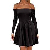 HYPERFIRE Women's Off The Shoulder Long Sleeve Short Dress A Line Pleated Mini Party Dresses