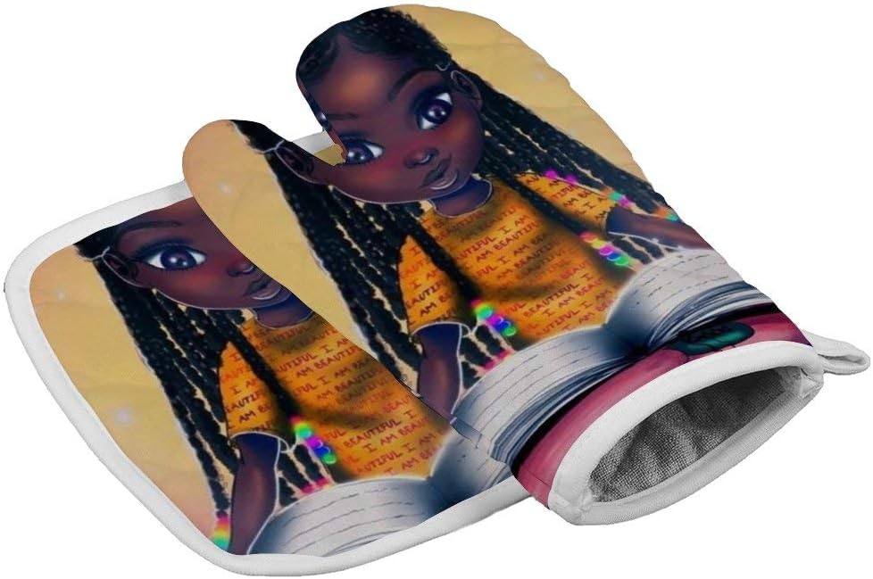 NiYoung Oven Glove + Hot Pad, Flexible BBQ Grill Gloves Kitchen Glove for Kitchen Baking BBQ - African American Black Woman Girl Book Art Oven Mitts