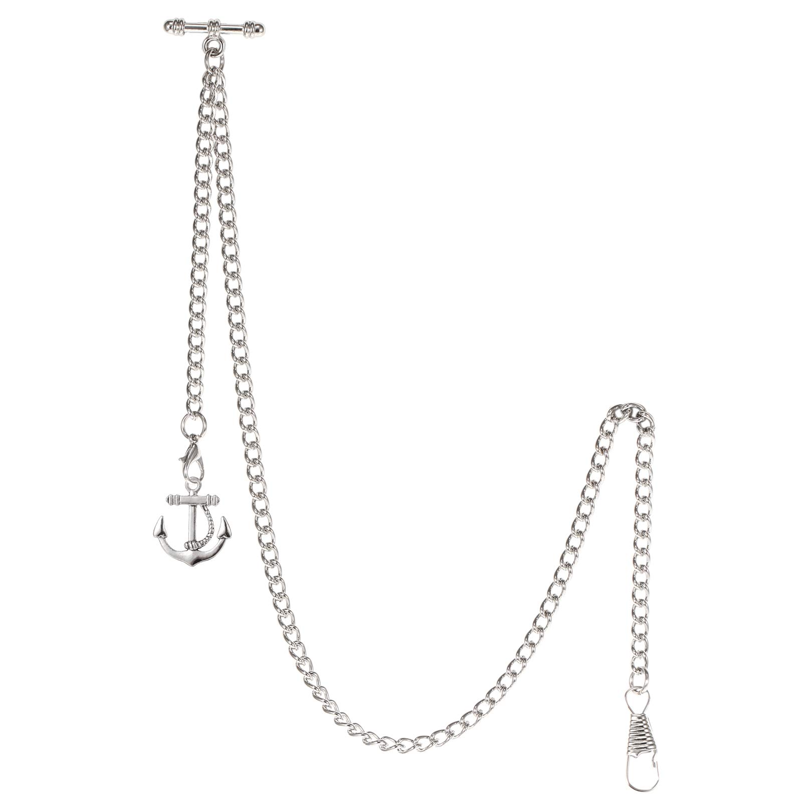 TREEWETO Men's Albert Chain Pocket Watch Curb Link Key Chain 2 Hooks with Antique Anchor Silver Pendant Design Charm Fob T Bar