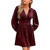 CUPSHE Women's Mini Party Dresses V Neck Button Long Sleeve Smocked Tunic Waist Casual Short Flowy Fall Cocktail Dress