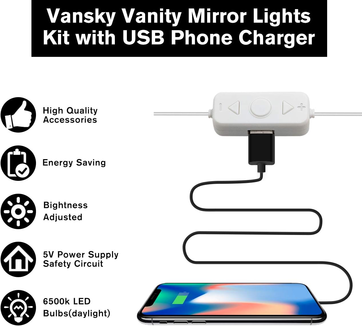 Vanity Mirror Lights Kit, LED Lights for Mirror with Dimmer and USB Phone Charger, LED Makeup Mirror Lights Kit Hollywood Style Lighting Fixture Strip 6500k for Bathroom Dressing Room Vanity Table - - 