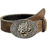Tgirls Brown Western Belt for Women Cowboys Cowgirls Belt for Jeans Vintage Country Belts with Floral Embose Buckle