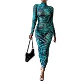 Kasopp Women’s Sheer Mesh Sexy Bodycon Long Sleeve Ruched Maxi Dress Printed Slim Fit Party Club Dresses