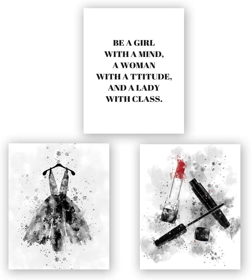 Homdeco Watercolor Fashion Art Print Set of 3 (8”X10”) Black Dress Lipstick Fashion Print for Bedroom, Inspirational Lettering Printing Canvas Wall Art, No Frame