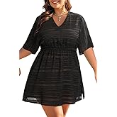 Plus Size Swimsuit Cover Up - Women V Neck Textured Striped Short Sleeve Coverups Swimwear Cute Summer Beach Pool Dress