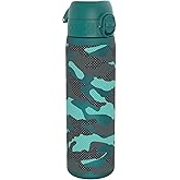 ION8 Water Bottle, 500 ml/18 oz, Leak Proof, Easy to Open, Secure Lock, Dishwasher Safe, BPA Free, Flip Cover, Carry Handle, Fits Cup Holders, Easy Clean, Odor Free, Carbon Neutral, Green, Camo Design