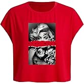 WDIRARA Women's Graphic Print Cap Sleeve Crop Top Crewneck Short Sleeve Tee Y2k T Shirt