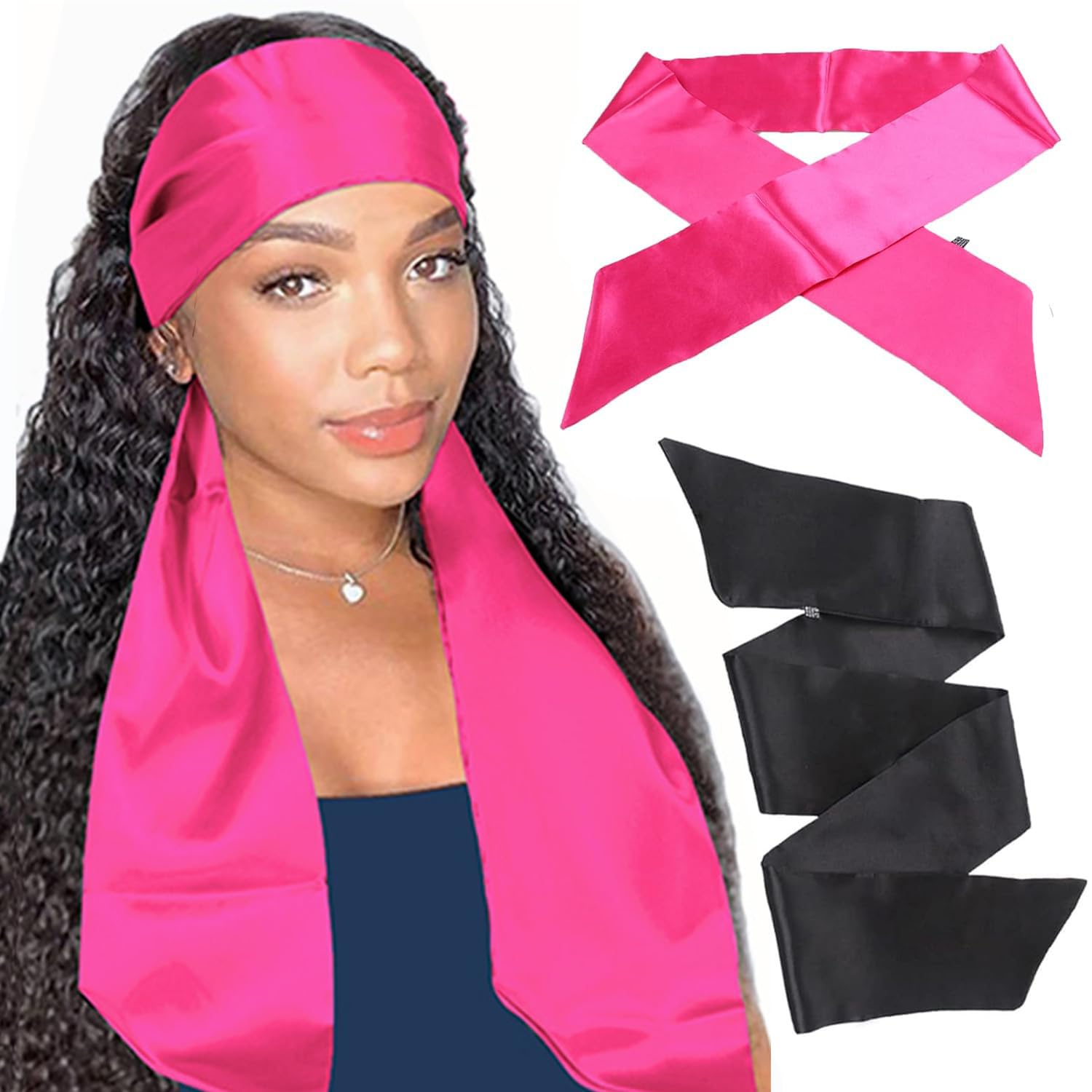 Xtrend 2Pcs Satin Edge Scarves for Wig Women's Laying Scarf for Lace Front Wig Non Slip Hair Wrap Wigs Grip Band for Yoga, Makeup, Facial, Sport (1pc Pink#+1pc Black#)