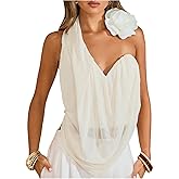 OYOANGLE Women's 3D Floral Sleeveless Asymmetrical Blouse Sheer Halter Backless Flowy Y2K Going Out Tops