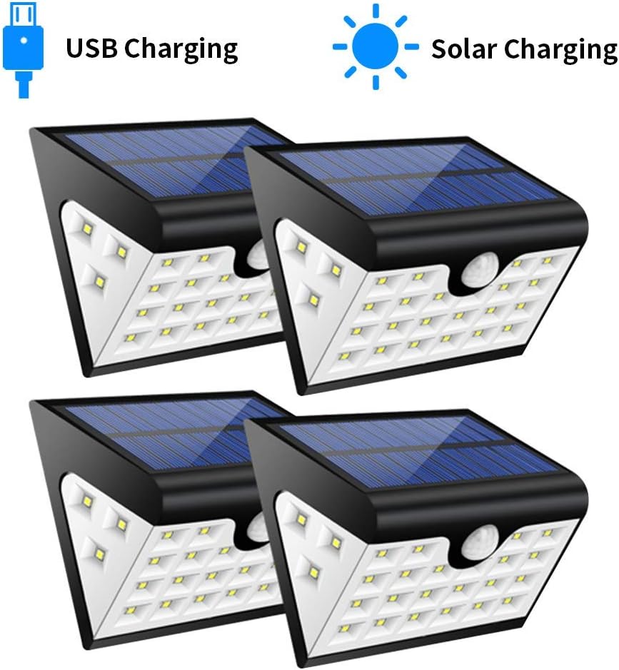 28LED Solar Security Lights Garden,300Lumens Solar Motion Sensor Lamps 3 Mode Outdoor Wall Lighting 3 Side Illumination (Black, 4Pack)