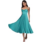 Sougoue Tea Length Pleated Bridesmaid Dresses for Women Satin A Line Midi Sleeveless Formal Party Gowns