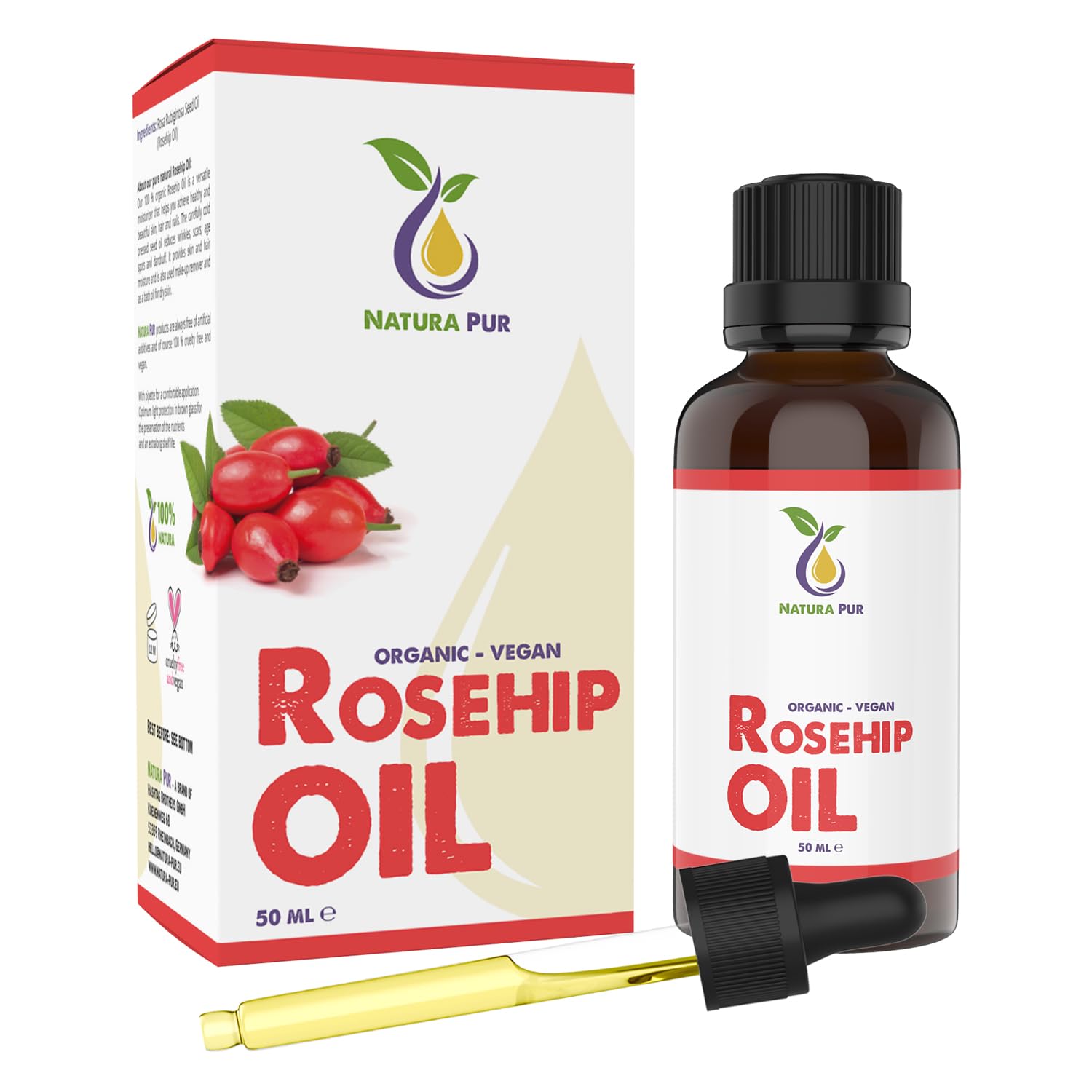 Rosehip Oil 50ml - 100% organic, cold pressed, vegan - Anti-aging Rose Hip Seed Oil for face, skin, body, hair, hands