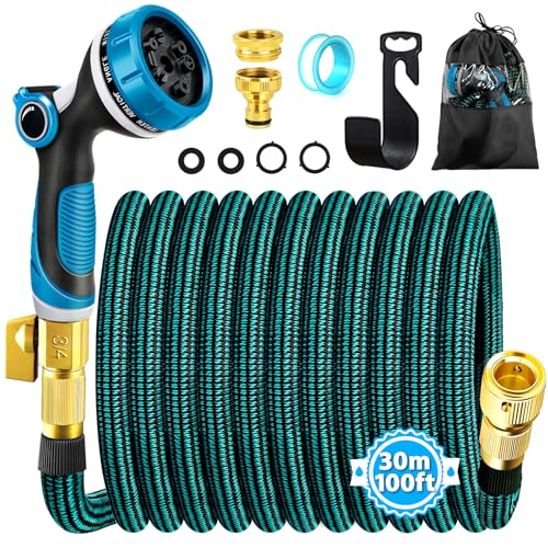Garden Water Hose, Extendable Garden Hose with Brass Connector 3/4 Inch and 1/2 Inch, Garden Water Hose with 10 Functions Sprayer Nozzle, 30 m Rubber for Watering, Irrigation Hose (30 m)