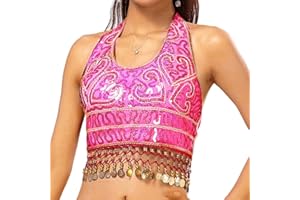 GRAEEN Belly Dance Sequin Crop Top Coin Tassel Rave Carnival Costume Bra Tops for Women
