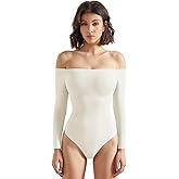 SUUKSESS Women Off the Shoulder Long Sleeve Bodysuit Double Lined Thong Bodysuit