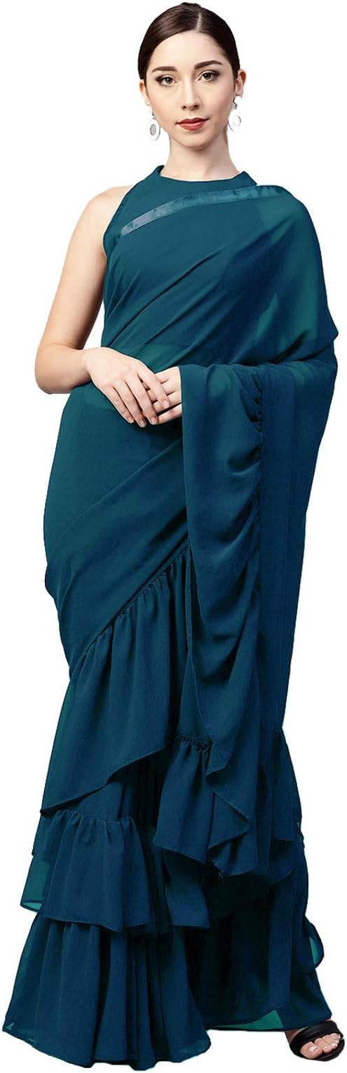 Inddus Women's Turquoise Georgette Solid Ruffle Saree