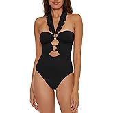 Soluna Swim Buckle Up One Piece Bandeau Swimsuit with Cut Out Neckline and Removable Cups, Bathing Suits for Women