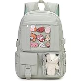 PRLINJSK Kawaii Backpack for Teen Girls, Cute Aesthetic High Middle School College Bookbag with Accessories, Green