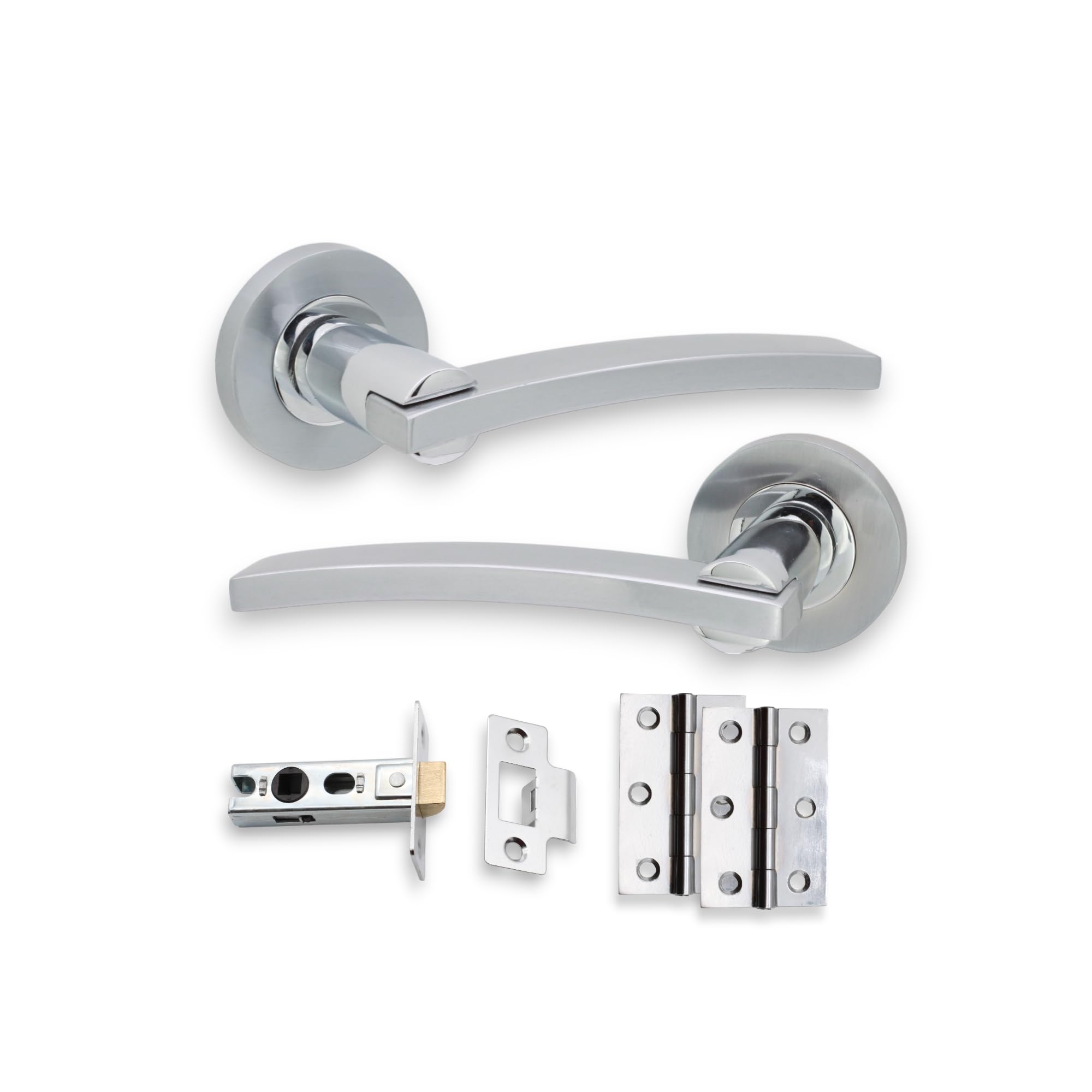 Infinity Decor Cody Curved Lever on Rose Door Handles Set - Latch & Hinges Pack - Dual Tone, for Interior and Exterior Use