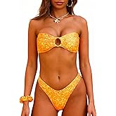 Alyweatry Women Floral Bandeau Bikini Set O Ring Strapless Tie Back Bikini Top High Cut Cheeky Thong Bathing Suit