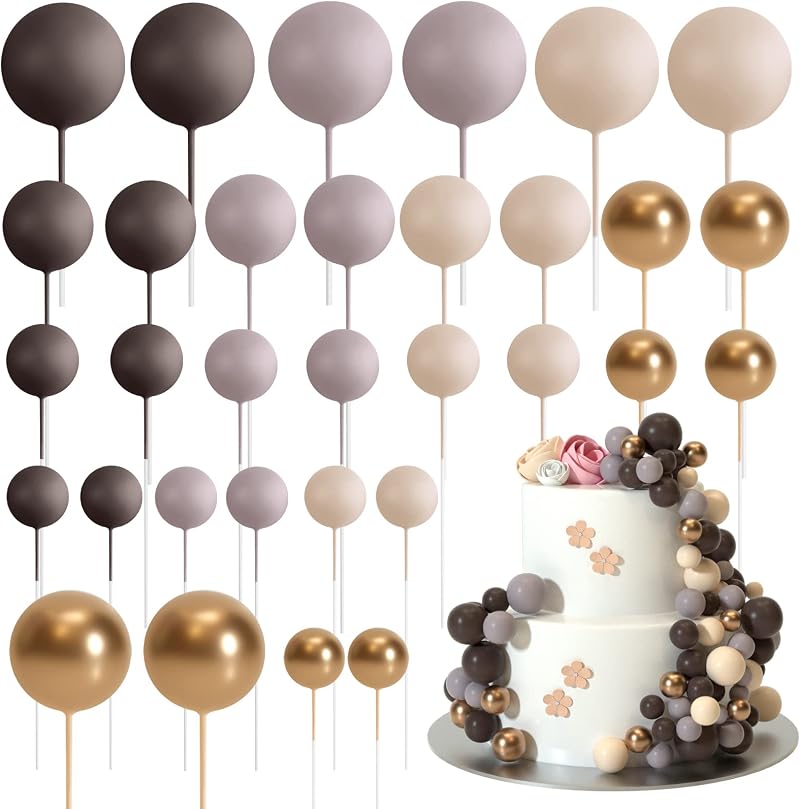 ASTARON 32 Pcs Foam Ball Cake Topper Decorations Brown Gold Mix Sizes Party