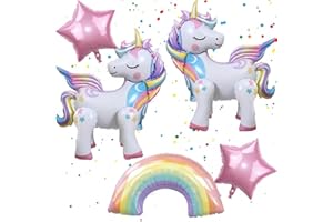 DUILE 5 Pcs Self Standing Unicorn Balloons - 3D Rainbow and Star Foil Balloons for Birthday Party Decorations and Supplies