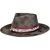 RUEDIGER Vintage Wide Brim Fedora Hats 100% Wool Stiff Felt Hat Rancher Hat with Lightning Logo Handmade Distressed/Burned