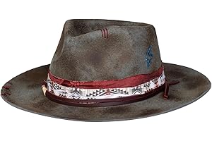 RUEDIGER Vintage Wide Brim Fedora Hats 100% Wool Stiff Felt Hat Panama Rancher Hat with Lightning Logo Handmade Distressed/Burned