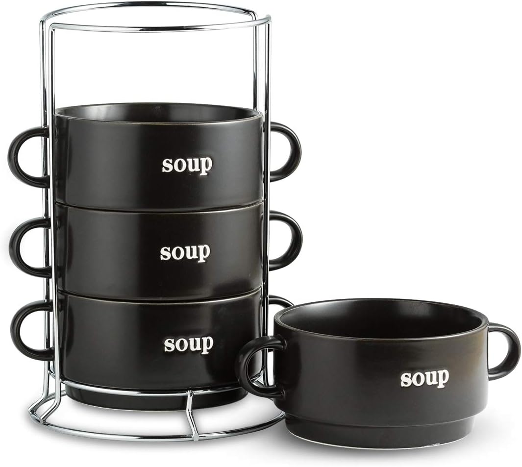  | Soup Bowl Set with Handles 27 Oz，Oven Safe Soup Bowls with Serving Stand for Soup, Cereal, Desserts, Chill Set of 4 Stackable Soup Crock，Black: Soup Bowls