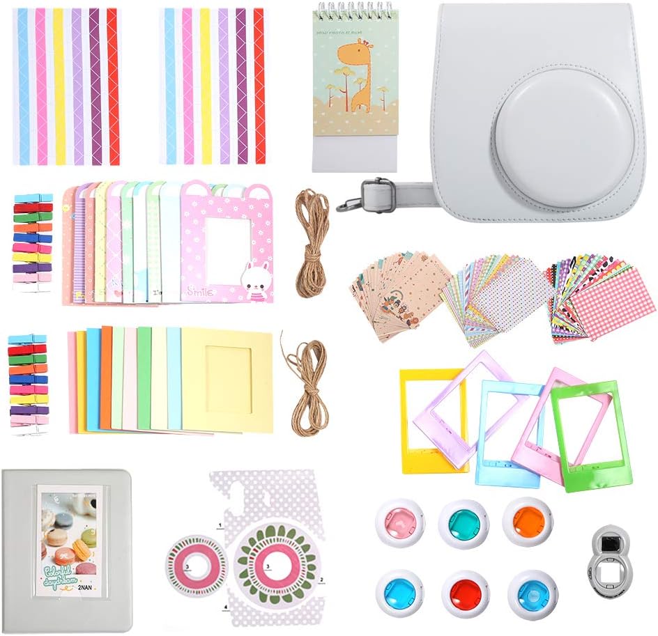 Homesuit 14-in-1 Accessories Kit For Fujifilm Instax Mini 9/8/8+ Include Case/Album/Selfie Lens/Filters/Film Frames/Wall Hanging Frame/Border Stickers/Corner Stickers/Film Calender(Smokey White)