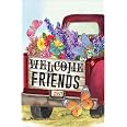 Garten-Flagge 'Welcome Friends' – Roter Oldtimer Mit Blumen & Schmetterlingen, 30,5x45,7 Cm