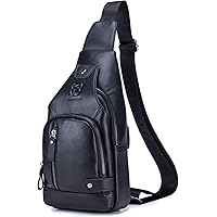 BULLCAPTAIN Genuine Leather Sling Backpack with USB Charging Port Multi-pocket Chest Bag Hiking Travel Daypack XB-129…