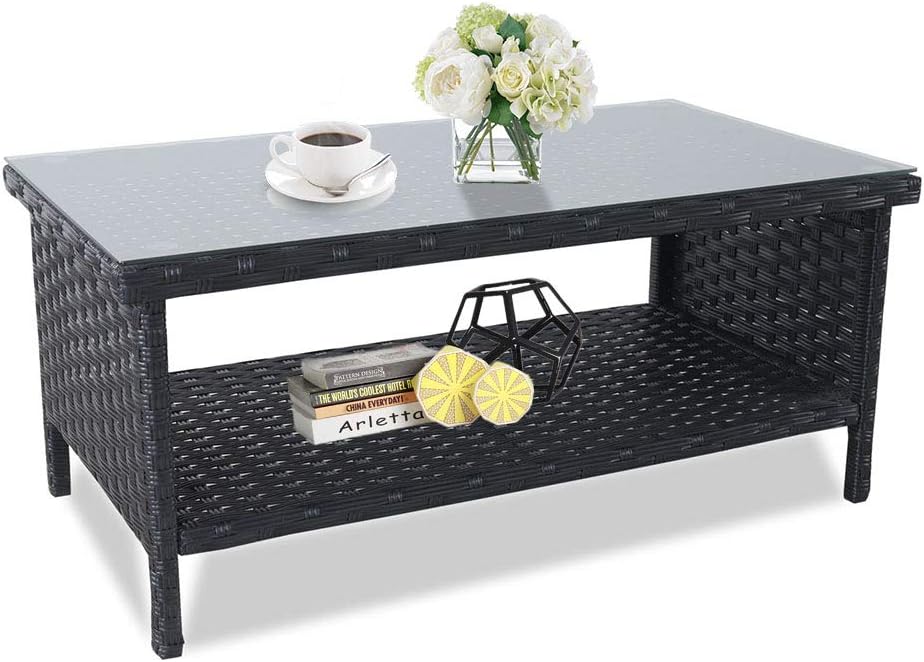 Rattaner Wicker Coffee Table - Outdoor Patio Garden Rattan 2-Layer Table Furniture with Storage, Black: Kitchen & Dining