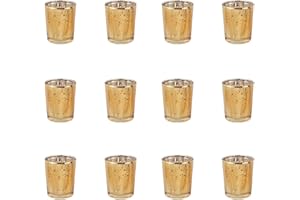 BTGLLAS 12pcs Gold Glass Tea Light Holders - Votive Candle Holders Bulk for Weddings Events - Glass Votives for Wedding Centerpieces, Christmas, Thanksgiving - Candle Accessories Decor (12, Gold)