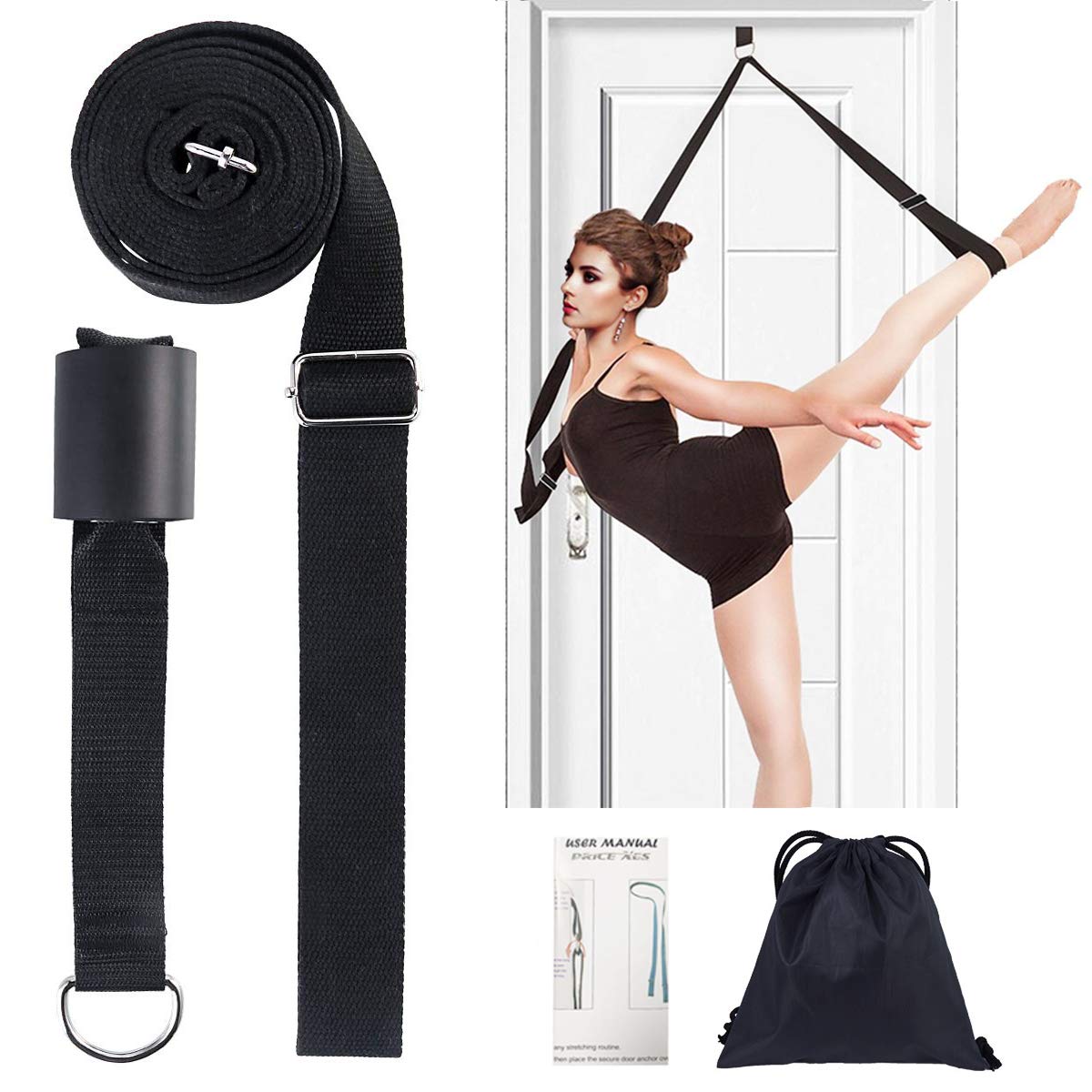 Door Flexibility & Yoga Stretching Leg Strap, 11 Loops Hamstring Stretcher Belt Resistance Exercise Band, Foot Back Stretch Assist Great for Ballet Cheer Dance Gym Pilates Physical Therapy (black)