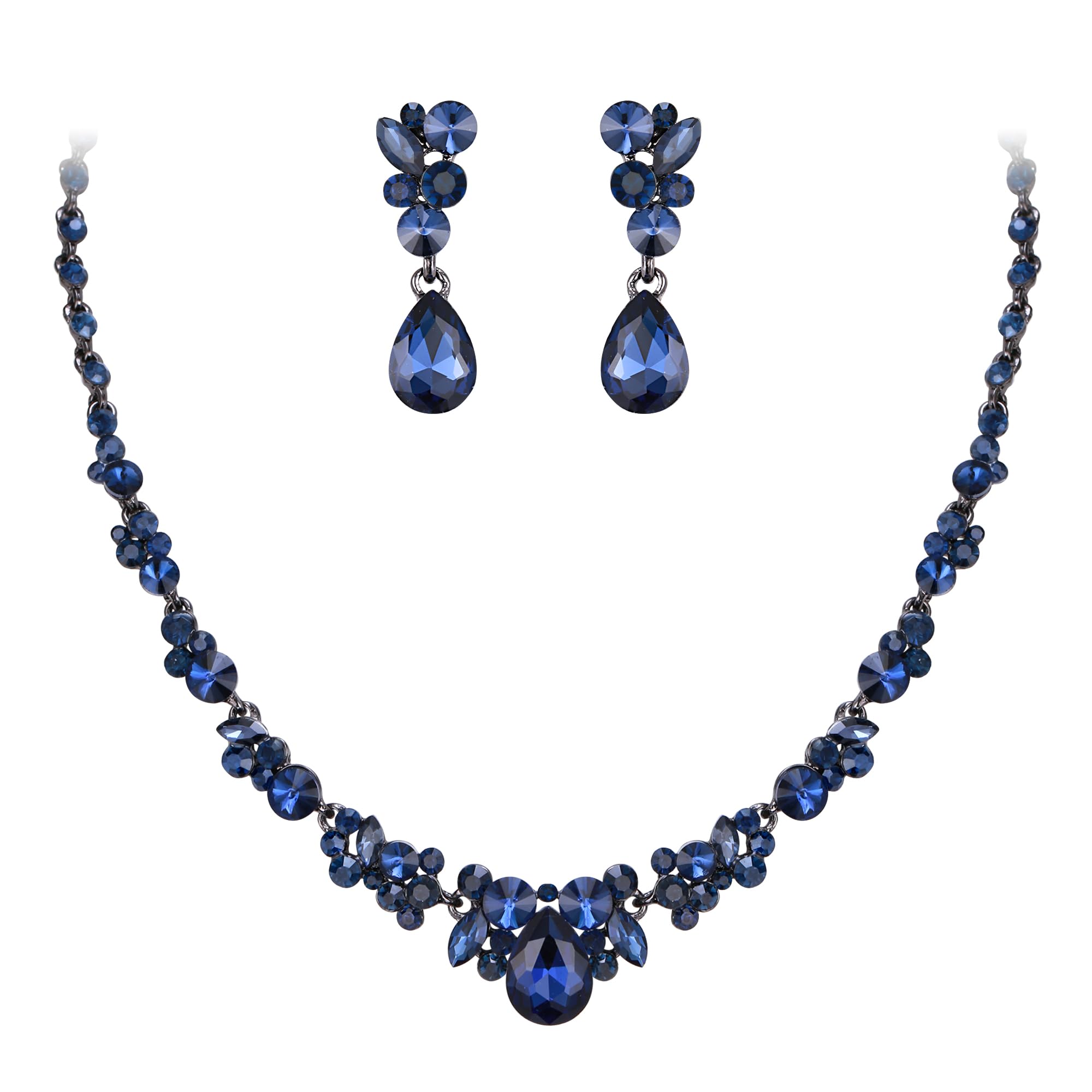 Ever Faith Bridal Jewellery Set Navy Blue Rhinestone Crystal Wedding Party Floral Teardrop Necklace Earrings Sets for Brides