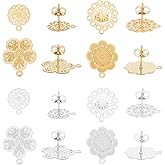 HOBBIESAY 16Pcs 4 Style Filigree Floral Stud Earrings Finding 304 Stainless Steel Earring Posts Boho Style Stud Earrings Pierced Post Stud Earrings with Horizontal Loops for Jewelry Making