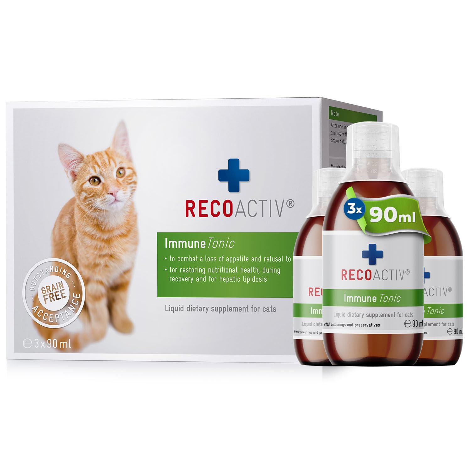 RECOACTIV Immune Tonic for cats, 3 x 90 ml, dietary supplement to boost the immune system and prevent nutritional deficiencies, effective dietary appetite stimulant