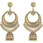 Vintage Jhumka Indian Earring for Women Traditional Bohemian Flower Bell Tassel Drop Dangling Earrings Retro Ethnic Gypsy Jhumki Oxidized Bollywood Jewelry Boho Wedding Birthday Christmas Gift