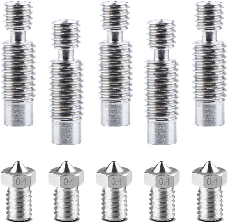 Houkr 0.4mm Stainless Steel Nozzle Extruder 3D Printer Head + 1.75mm Stainless Steel Nozzles Throat for 1.75mm Filament E3D V5-V6 3D Printer 10PCS