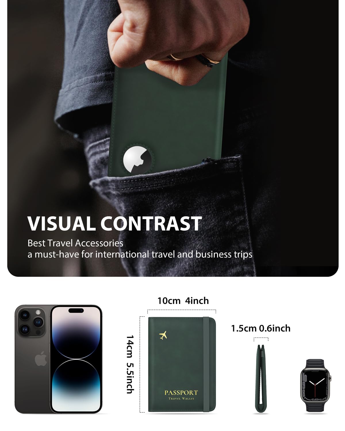 Stouchi Passport Holder with Airtag Slot, Airtag Passport Wallet for Men, Slim Leather Passport Holder Case Family for Travel Anti-Lost, Green