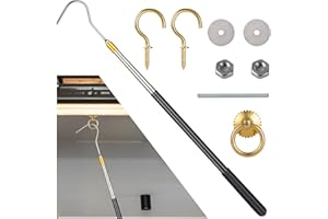JURWHEER Attic Ladder Pull System Kit - Attic Pull Down System Hook Set Replacement for Cord Ropes with 60 Inch Extension Pole and Copper Storage Hook Handle Parts Tool