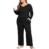 ZHUHOUSE Women's Plus Size 2 Piece Pajama Lounge Sets Knit Outfits Long Sleeve V Neck Tops Wide Leg Pants with Pockets