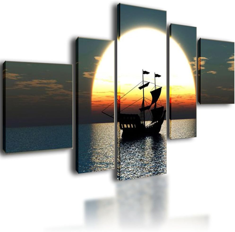 Extra Large Canvas Prints Wall Art Picture Image Photo Framed Painting Multi Panel Artwork Living Room Ship On The Background Of The Moon 130cm x 70cm 1259