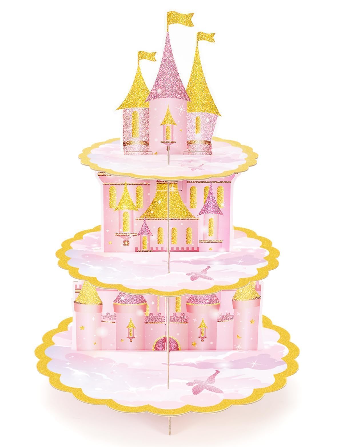 Photo 1 of WERNNSAI 3-Tier Princess Cupcake Stand - Pink Princess Birthday Party Decorations for Girls Kids Castle Cupcake Holder Dessert Tower for Castle Crown Theme Party Baby Shower Supply Table Centerpieces