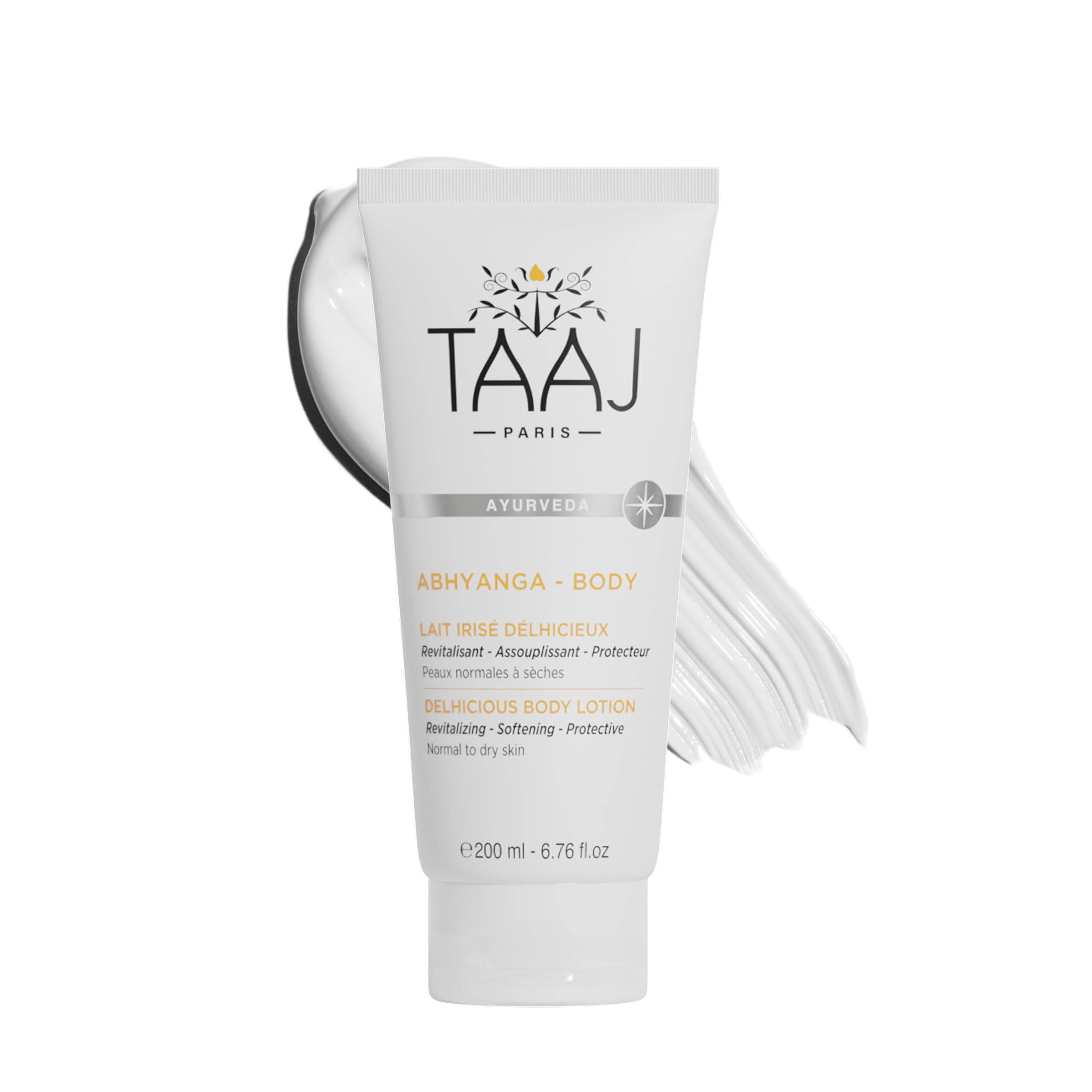 TAAJ | Lait Irisé Delhicieux | ABHYANGA | Hydrates, Protects & Softens | For supple, shower and refreshed skin | No Greasy Effect | 96% ingredients of natural origin | Cruelty Free | 200ml