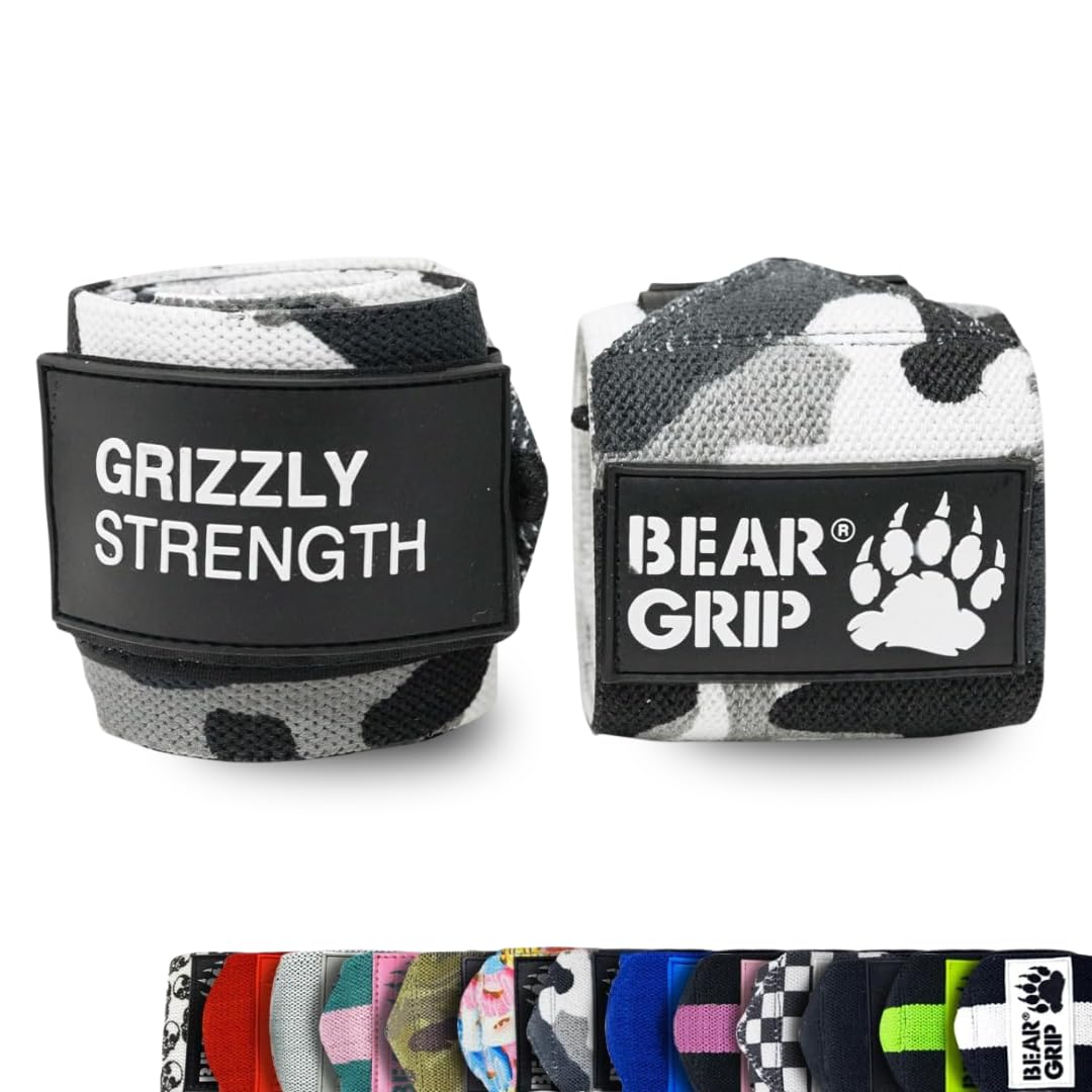 BEAR GRIP - Premium Heavy Duty Weight Lifting Wrist Wraps, Bodybuilding, Crossfit, Powerlifting, StrongMan (Camo, 24 Inches)