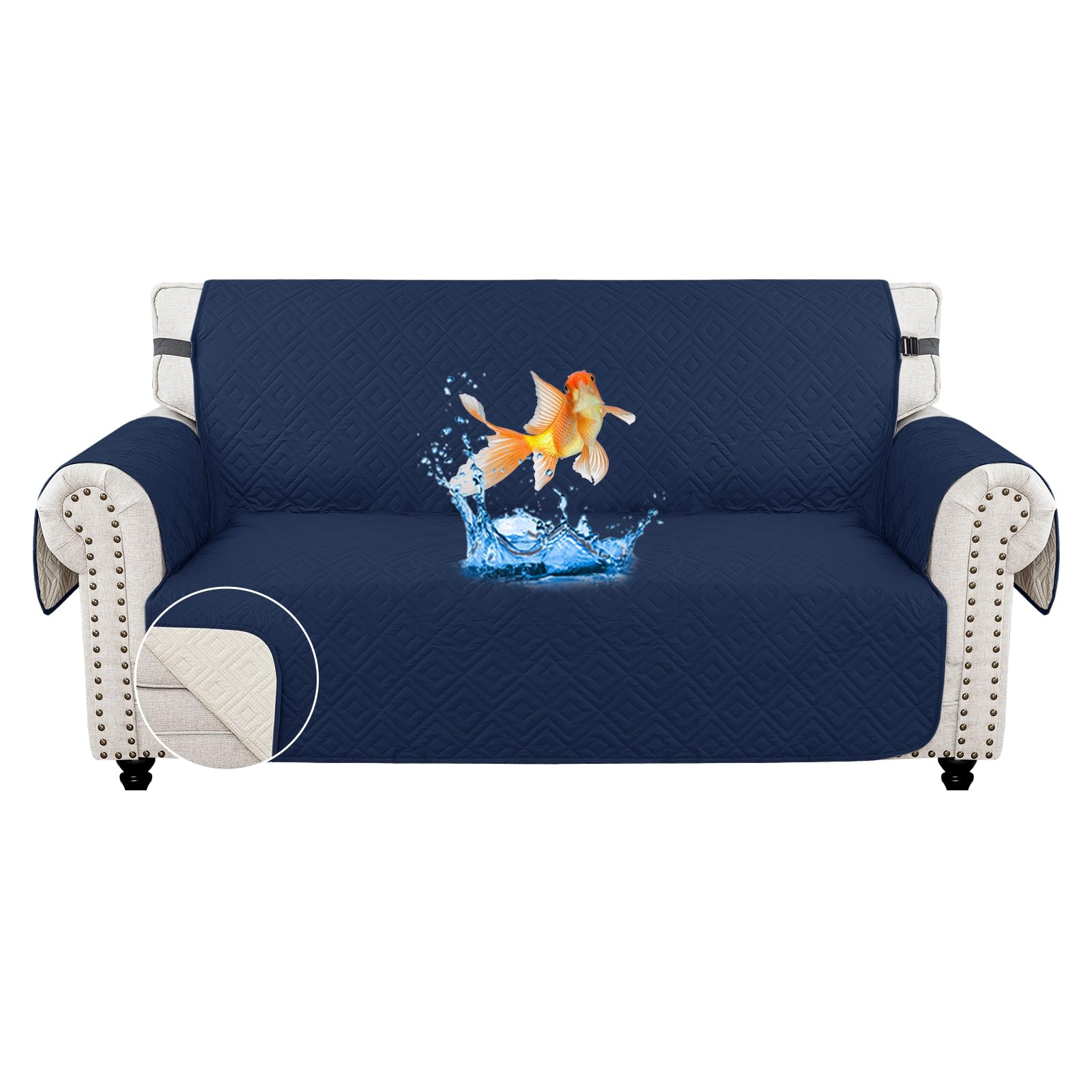 MAXIJIN Sofa Covers Waterproof Sofa Slipcovers Non-Slip 2 Seater Sofa Protectors with Elastic Straps Reversible Universal Couch Covers for Dogs, Pets, kids (Dark Blue, 2 Seater)