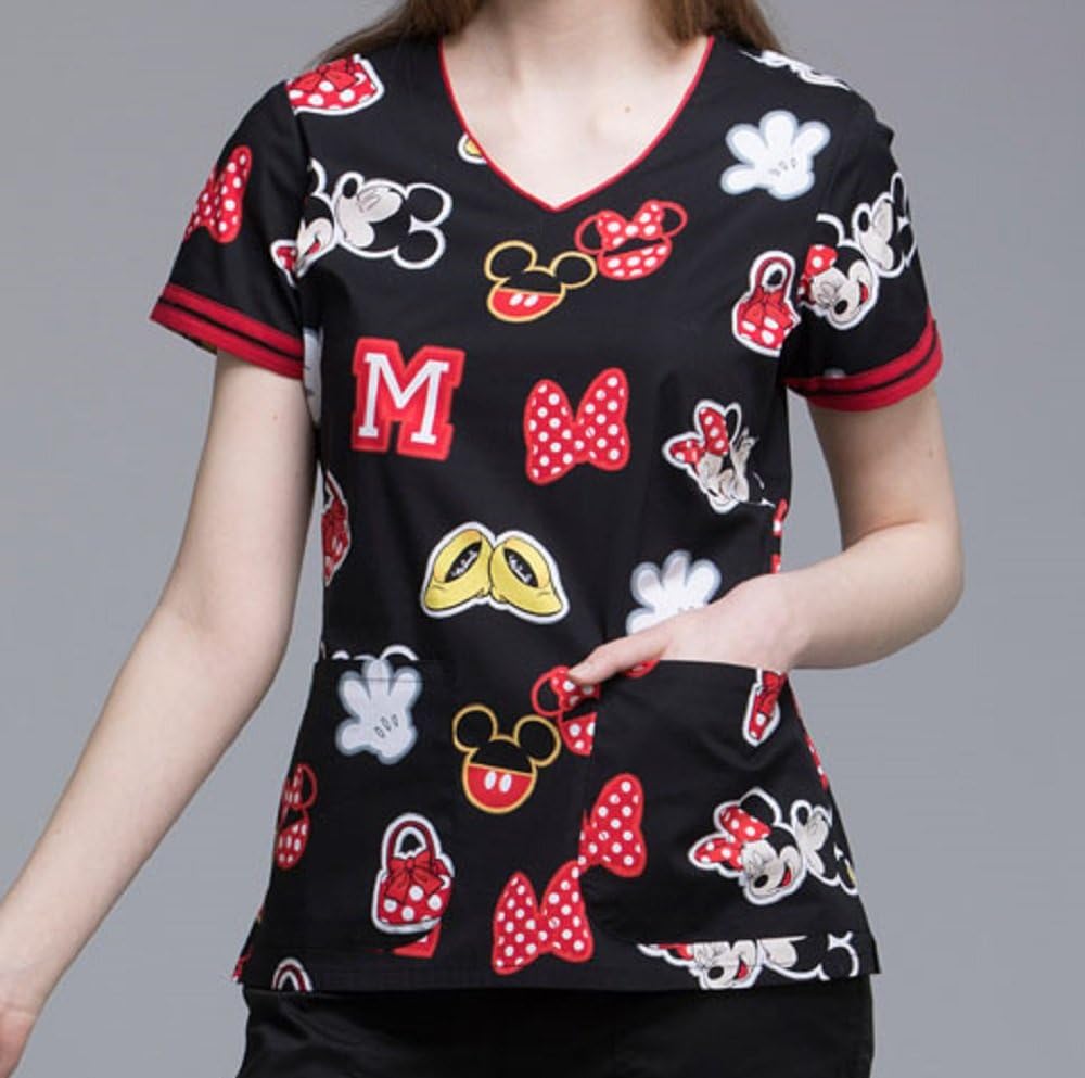 TF644 MKPT 3XL Cherokee Tooniforms Disney Women's V-Neck Top Minnie Patches Mickey Mouse
